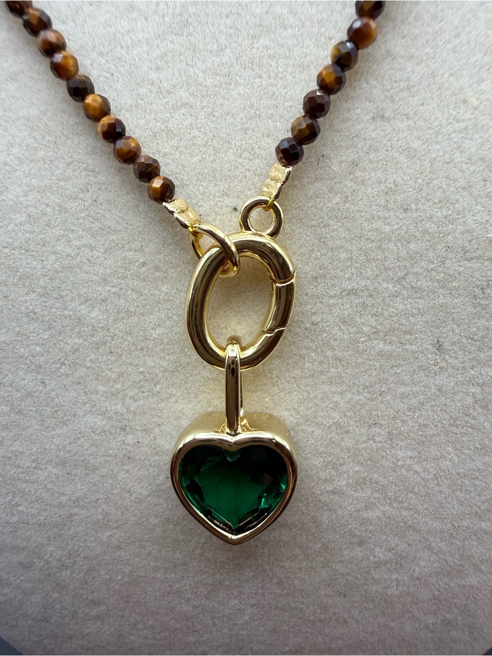 Adina Eden Gold tone Emerald Green Crystal heart charm on tiger eye Brown Beads